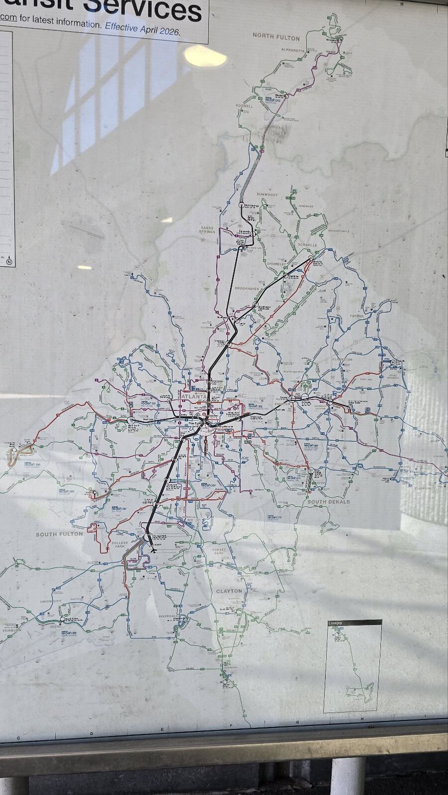 대체 텍스트 (ALT) MARTA rail and bus transit network map in Atlanta showing urban transportation infrastructure and regional connectivity